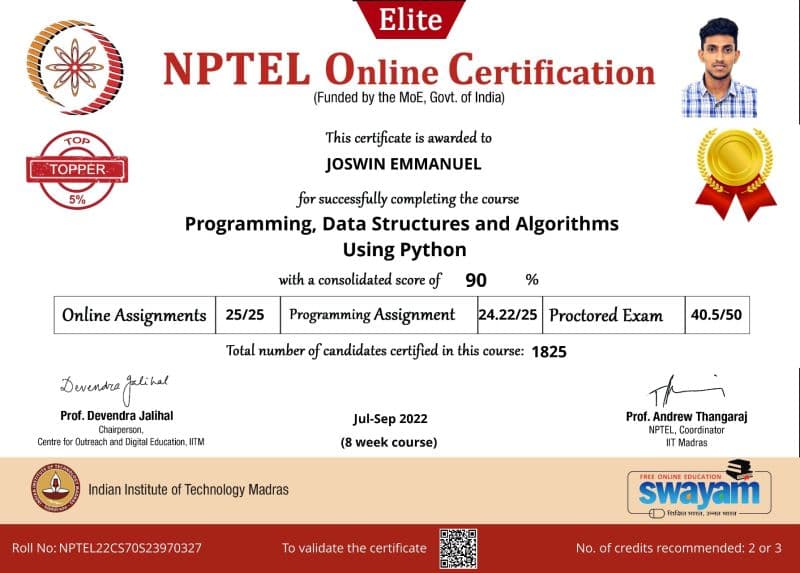Programming, DSA using Python, IIT Madras, NPTEL